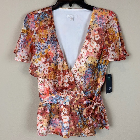 Guess Ferra Daisies Floral Print Short Sleeve Wrap Top w/ Material Belt Tie NWT - Picture 1 of 16